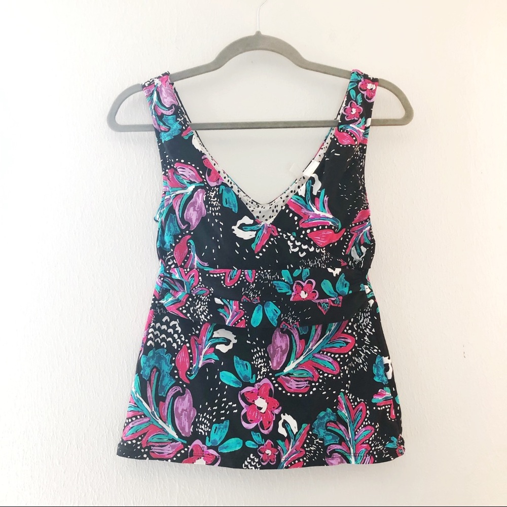 Anne Cole Tankini Top Multicolored Swimwear TOP ONLY Sz M EUC Floral Pink Black